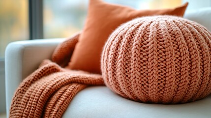 Cozy Knitted Pouf and Throw Blanket in Warm Orange Hues