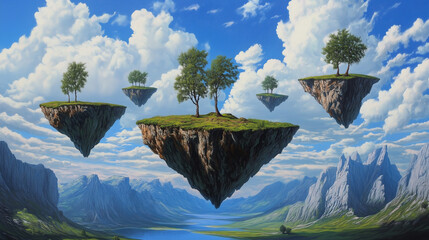 Surreal landscape with floating islands