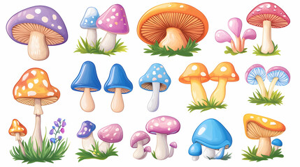 Colorful cartoon mushrooms in grass