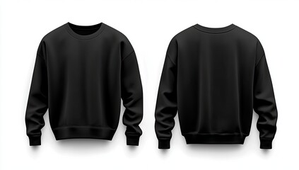 Mockup of a black crewneck sweatshirt.  Front and back views of a blank, solid black sweatshirt