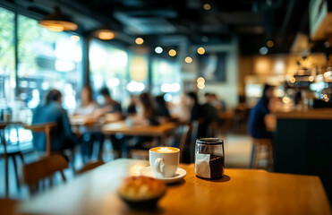 Cozy café ambiance with coffee cup and blurred background atmosphere in urban coffeehouse setting