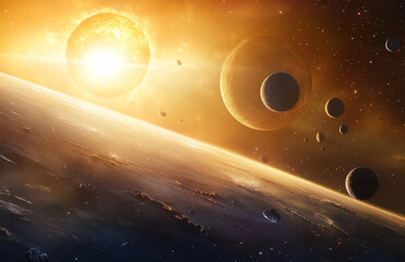 Obraz premium A captivating view of a distant solar system with glowing sun and orbiting planets in deep space