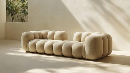 Padded couch in sunlit room with potted plant near window, neutral tones