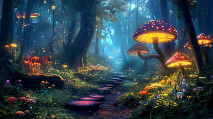 Fantasy glowing mushrooms in a magical forest