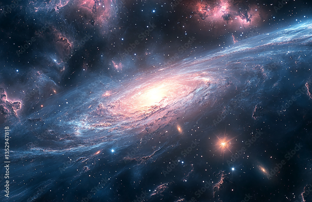Wall mural spectacular spiral galaxy with glowing stars and colorful cosmic clouds in deep outer space view