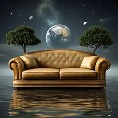 A leather couch floats above water in a cosmic landscape