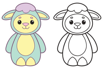 Cute Outline Lamb, Color and Black&White Version, Cartoon Lamb,