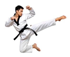 Male Asian Taekwondo athlete performing a mid air jump kick