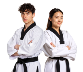 Male and female Taekwondo practitioners standing together side by side