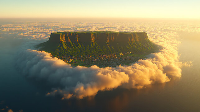 Aerial view of tepui mountain surrounded by clouds during golden hour light
