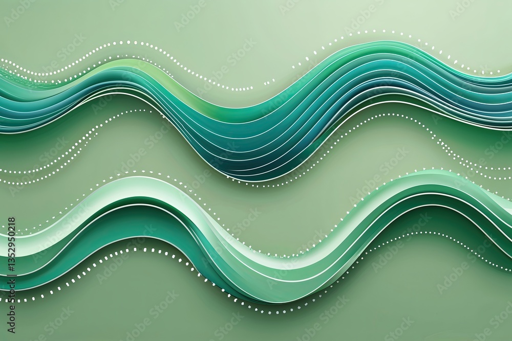 Poster smooth gradient wave lines pattern with dotted curves on soft green background