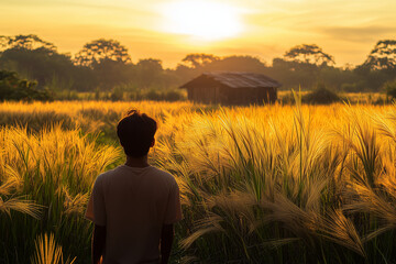 Fototapeta premium silhouette of a man in sunset in a countryside with a hut