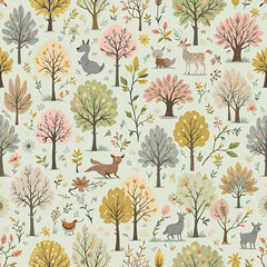 Spring Flowers Trees and animals Seamless Pattern