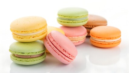 Obraz premium Colorful French Macarons Displayed in a Variety of Flavors and Vibrant Shades, Including Yellow, Green, Pink, Orange, and Brown, with Delicate Creamy Fillings for a Decadent Treat