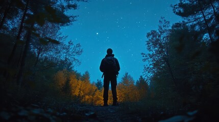 Obraz premium Man stargazing in autumn forest at night, backlit by campfire glow