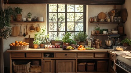 Rustic kitchen, sunlight, herbs, produce, cooking, window, wooden counter, farmhouse