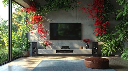 Modern home theater with lush indoor plants, concrete wall, and large window overlooking garden