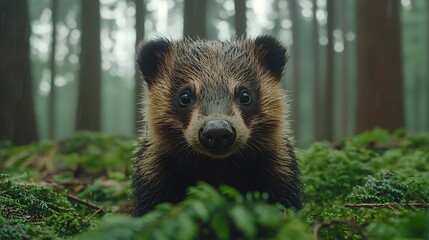 Obraz premium A wet badger cub stares directly at the camera from a mossy forest floor