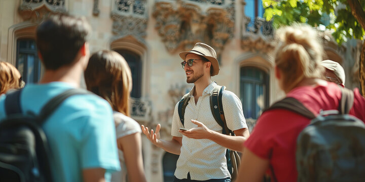 Fototapeta Male tourist guide showing European city to the group of tourists