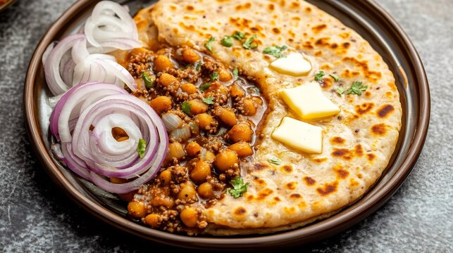 Top view of amritsari kulcha Stuffed Flatbread sprinkled butter served with spicy chole and sliced onions