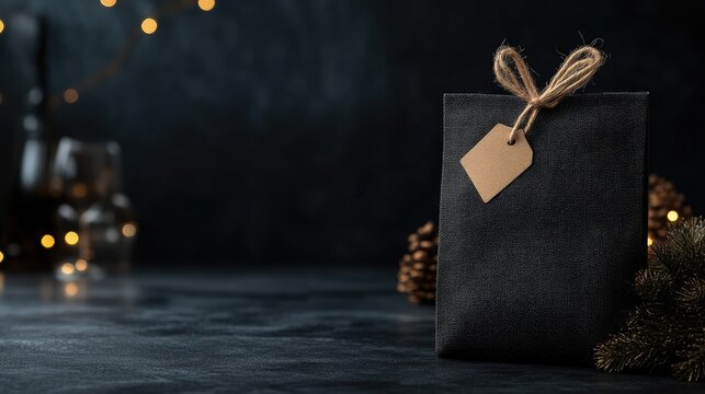 Dark gift bag on a dark surface, holiday theme