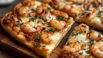 Close-up of Delicious Grilled Shrimp Pizza on Wooden Board