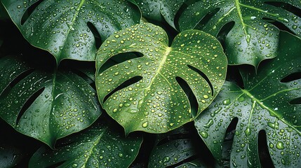 Fototapeta premium Lush green monstera leaves with water droplets, tropical rainforest background; perfect for nature, wellness, or spa designs
