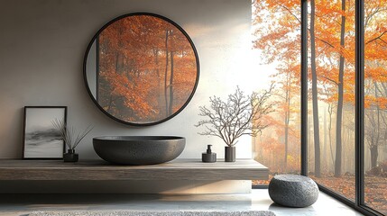 Modern minimalist bathroom autumn forest view design inspiration
