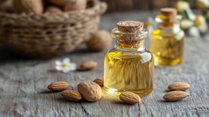 Golden Almond Oil in Glass Bottles on Wooden Table
