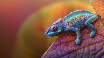 A tiny chameleon blending into a vibrant leaf