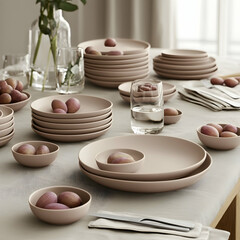 Dusty rose tableware set on wooden table, minimalist kitchen setting, olives as decor, lifestyle photography, perfect for food blogs