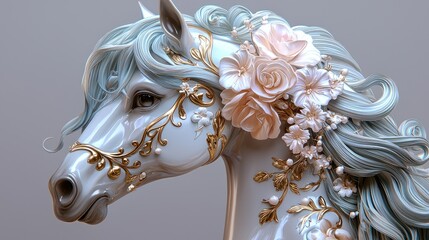 Porcelain horse head with flowers and gold details, delicate, serene