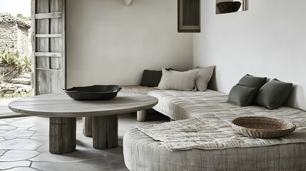Rustic Mediterranean living room with low seating, round coffee table, and stone floor. Background shows an open doorway to a courtyard. Ideal for interior design magazines