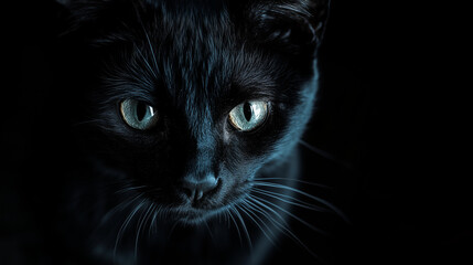 Close-up portrait of a black cat with bright eyes, against a dark and moody background.