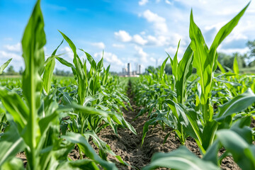 Fototapeta premium Cornfield Row, Sunny Day, Industrial Background