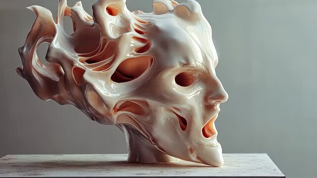Surreal 3D Printed Sculpture: Abstract Head in Creamy Hues