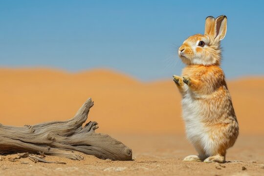 A photo of an orange-brown rabbit standing on its hind legs in the desert, next to a piece of dry wood. The background is a sandy terrain with visible sand dunes.