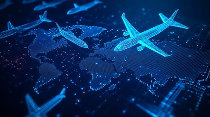 Global flight routes and travel indicators on a digital map image
