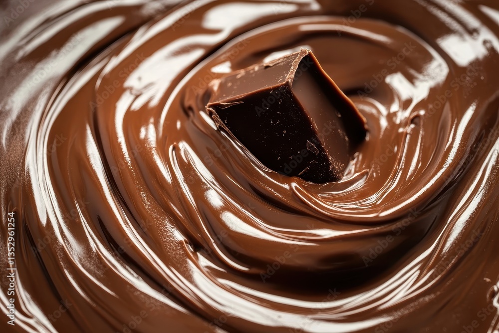 Poster chocolate swirl with a single cube of dark chocolate on a smooth surface. use it for dessert ads, ba