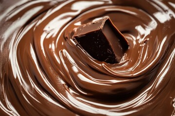 Chocolate swirl with a single cube of dark chocolate on a smooth surface. Use it for dessert ads, baking recipes or chocolate day contents.