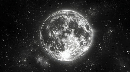 Naklejka premium Full moon shining brightly in a dark night sky, stars and nebulae visible in the background. Perfect for astronomy websites or space exploration articles