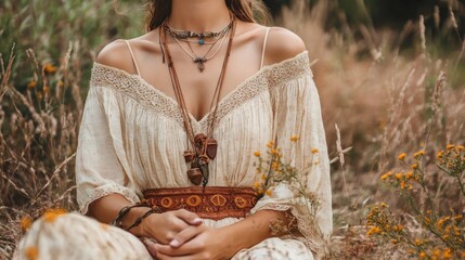 A bohemian-inspired outfit with flowy maxi dress and layered accessories --ar 16:9 --v 6.1 Job ID: dce30a87-562f-48c3-b8d4-85ebf8ab0d28