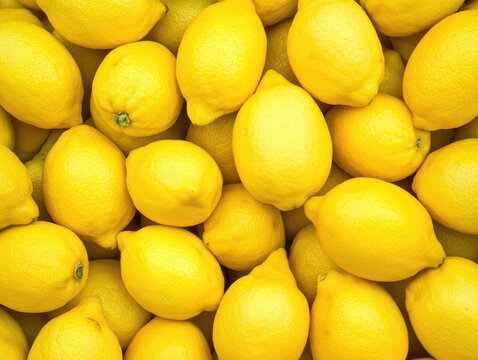 Bright yellow lemons are piled together, showcasing their vibrant color and smooth texture. image captures freshness and abundance of these citrus fruits