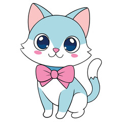 Cartoon Baby Cat with Bowtie, Light Blue Fur, Cute Animal Character on White BG
