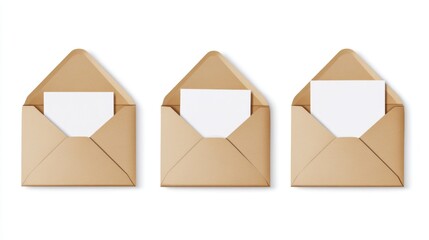 Three open kraft envelopes, blank cards, white background, stationery mockup (1)