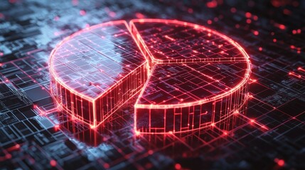 Red pie chart with digital circuit board background