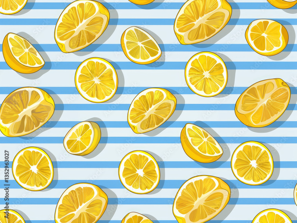 Poster vibrant pattern of sliced lemons is scattered across blue and white striped background, creating fre