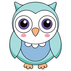 Cartoon Owl Character with Big Eyes, Blue Feathers, Isolated on White