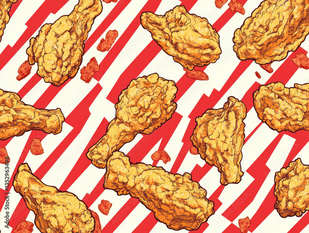 Aufkleber crispy fried chicken pieces are arranged in playful pattern on red and white striped background, cre