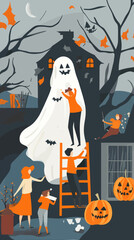 Giant Ghost Sheet with People Decorating for Halloween in Minimalist Vector Art